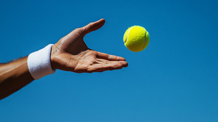Close-up of a tennis player tossing a ball in preparation for a serve, set against a clear blue sky