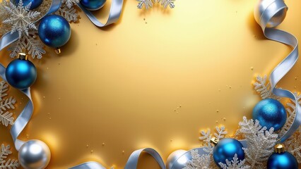 Bright blue and silver ornaments, along with delicate snowflake accents, create a festive border around a golden backdrop