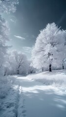 Fototapeta premium This image captures a peaceful snowy pathway flanked by snow-covered trees, with a bright and clear winter sky in the background, evoking a sense of tranquility and natural beauty.