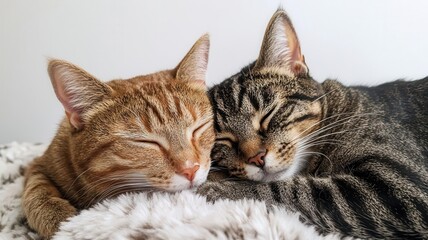 Fototapeta premium Two cats cuddled together on a fluffy blanket, enjoying a quiet nap cats napping, home comfort