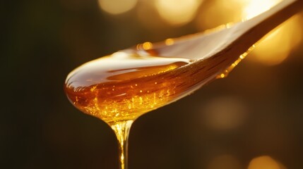 Golden honey dripping slowly from a wooden spoon. Sunlight enhances the rich amber tones of the honey as it catches the light