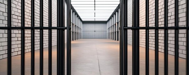 A spacious jail cell with metal bars, showcasing the stark interior and bright overhead lighting, emphasizing isolation and confinement.