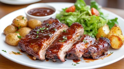 A delicious plate of roasted pork ribs with a caramelized barbecue sauce, accompanied by roasted potatoes and a fresh garden salad.