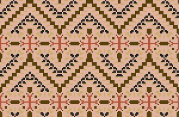 Obraz premium Ethnic Fabric Pixel Ikat Pattern Sareefolk Embroidery, Aztec Geometric Ornament Print. Design for Carpet, Wallpaper, Clothing, Wrapping, Fabric