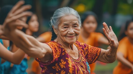 Obraz premium Happy Elderly Woman Dancing in a Group