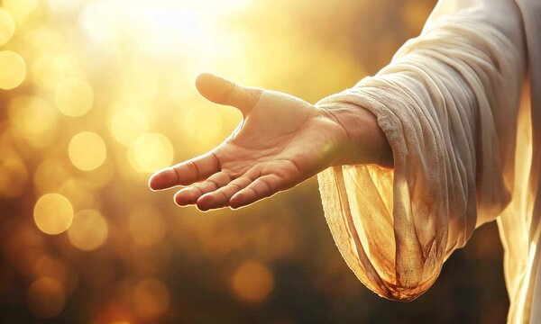 
A captivating close-up video of jesus christ reaching out his hand towards calm waters outdoors, symbolizing peace, faith, and connection to nature, inspiring spiritual reflection.