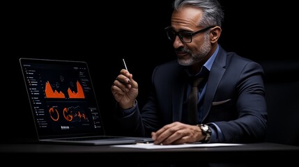 Strategic Analysis: A seasoned businessman, with a contemplative gaze and a pen in hand, scrutinizes financial data displayed on his laptop.