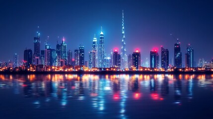 Fototapeta premium A vibrant city skyline at night, showcasing modern architecture and reflections on water.