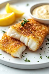 A plate of fish and lemon wedges on a white surface.