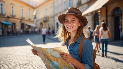 Fototapeta premium A young woman in a wide-brimmed hat joyfully holds a map in a sunny European square.