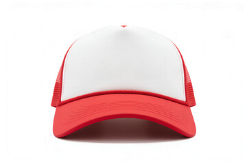 Red and white trucker hat mockup, Front viewsolated on white background	
