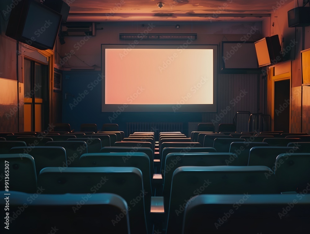 Poster empty theater with projector screen at dusk