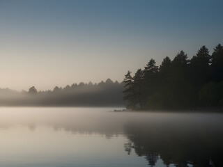 Fototapeta premium Morning fog at the lake with backlit trees and space for text