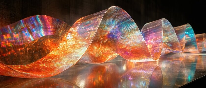 Luminous transparent glass ribbons choreographed with pulsing holographic patterns and shimmering accents for a visually striking backdrop