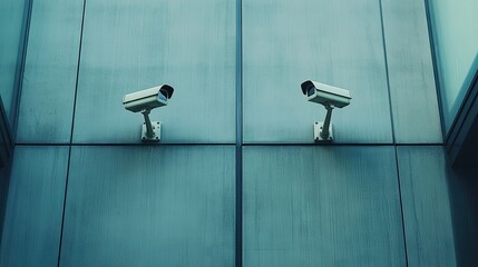 A pair of modern security cameras positioned on a commercial building facade, pointing in opposite directions to cover the entire perimeter.