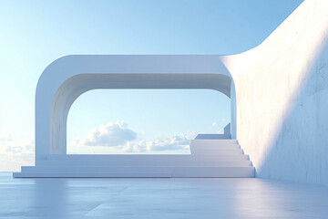 Fototapeta premium Abstract 3D rendering of minimalist style architectural space scene, mountain and lakeside building