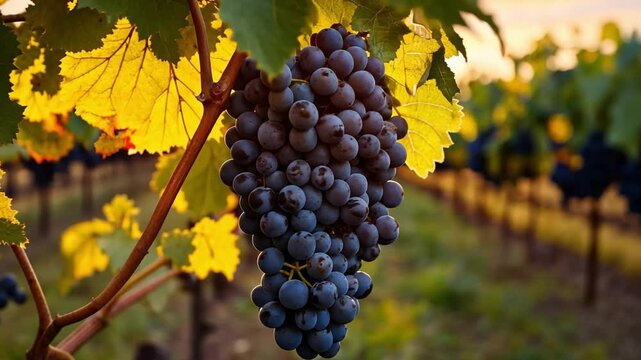 A vibrant rural vineyard in the early autumn, with rows of grapevines heavy with fruit, and workers harvesting the grapes under the soft light of a setting sun.