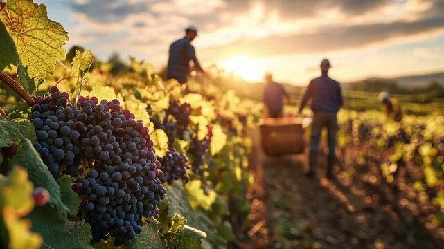 A vibrant rural vineyard in the early autumn, with rows of grapevines heavy with fruit, and workers harvesting the grapes under the soft light of a setting sun.