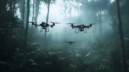 AI-powered drones conducting environmental monitoring in a dense forest