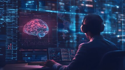 A developer fine-tuning AI algorithms with data visualizations in the background