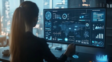 A woman interacts with a futuristic monitor displaying data and analytics in a high-tech environment.