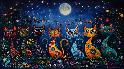 Art, Painting, Cats in a Row, Minimalist, Abstract Image, Texture, Pattern Background, Wallpaper, Smartphone Cover and Screen, PC, Laptop, 9:16 and 16:9 Format