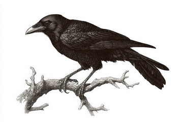 Fototapeta premium This highly detailed engraving style illustration features a black raven perched on a branch