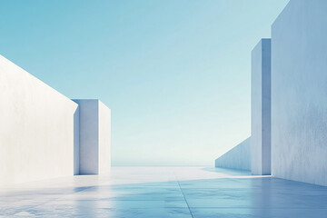 Obraz premium Abstract 3D rendering of minimalist style architectural space scene, mountain and lakeside building
