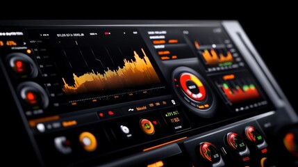 Audio Mixer Interface: A sleek and modern audio mixer interface, showcasing a digital display with intricate audio waveforms and a vibrant color scheme.