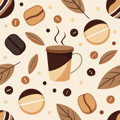 Seamless Pattern on the theme of hot coffee, coffee cups coffee beans. 
