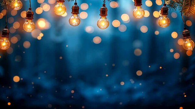 Colorful christmas lights and bulbs hang against a blurred winter bokeh background. Blue, orange, and yellow hues add festive warmth to the scene, perfect for holiday greetings or banners
