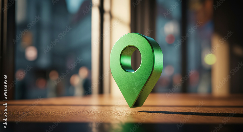 Poster location marker on table with vibrant map symbol in urban setting emphasizing navigation and travel 