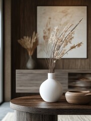 Home interior featuring a white ceramic vase holding dried plants on a wooden table. The scene exudes minimalist elegance with textured wall art and a modern living room setup.