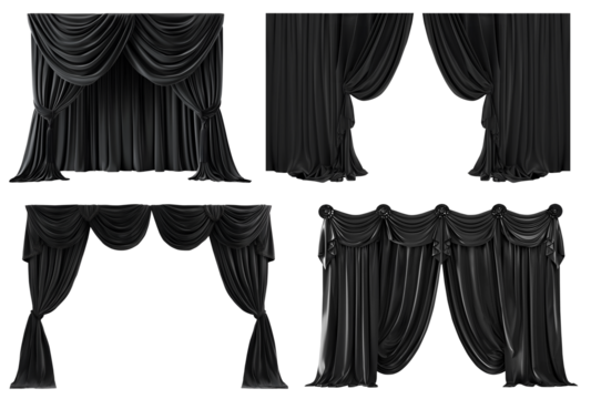Collection Set of black luxury stage theatre theatrical hall auditorium curtain drapes backdrop on transparent cutout PNG file. Many different style. Mockup template for artwork design
