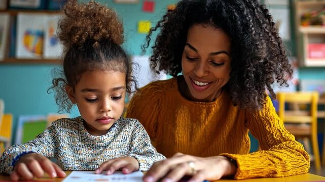 A gorgeous African American woman in a colorful classroom using interactive learning apps that help focus and retention between a mother and her child.