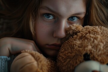 Girl with blue eyes hugging a toy bear in bedroom, expressing a moment of quiet introspection or loneliness.