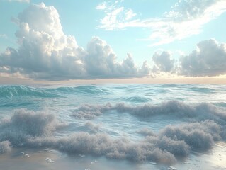 Fototapeta premium Surreal coastal landscape featuring ocean waves foamy surf and dramatic cloud formations 3D visualization