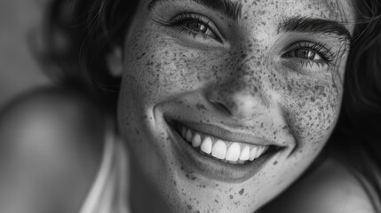 Smiling face of woman with vivid freckles. Sun-kissed skin and summery look.