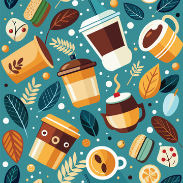 Seamless Pattern on the theme of hot coffee, coffee cups coffee beans. 