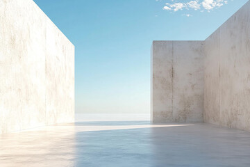 Abstract 3D rendering of minimalist style architectural space scene, mountain and lakeside building