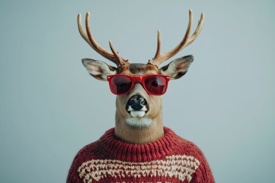Deer in sunglasses wearing a red sweater, showcasing a whimsical and humorous style The light blue background enhances the playful concept Ideal for quirky holiday themes