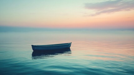 Naklejka premium Oceanic waves ripple gently while a small boat navigates the water towards a distant misty horizon under pastel skies