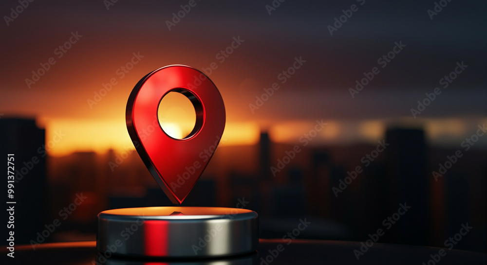 Poster location pin and map pointer against sunset background highlighting navigation and location services