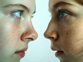 Obraz premium Reflection of two women's faces with fair skin and freckles, looking straight ahead.