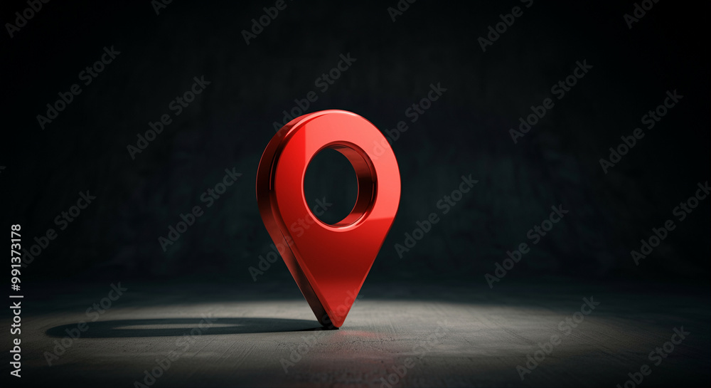 Poster location marker highlighting navigation and map services in a stylish red design