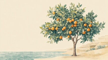Biblical Illustration of Psalms 1: A vibrant tree planted by the water, symbolizing prosperity with lush green leaves and abundant fruit on a beige background