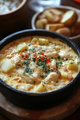 Aji de Gallina - A creamy chicken stew made with aji peppers, milk, cheese, and bread, served over rice and boiled potatoes.