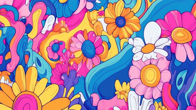 Psychedelic 70s inspired illustration featuring whimsical elements and a groovy slogan perfect for graphic tees stickers or posters 2D cartoon style