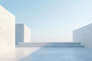 Abstract 3D rendering of minimalist style architectural space scene, mountain and lakeside building