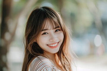 Naklejka premium Happy and friendly Korean girl smiling at camera in outdoor park setting, wearing casual clothing, suggesting a light-hearted travel or cultural experience.